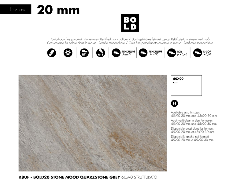 K8UF STONE MOOD QUARZSTONE GREY 60X90X2 CM PŁYTY TARASOWE BOLD